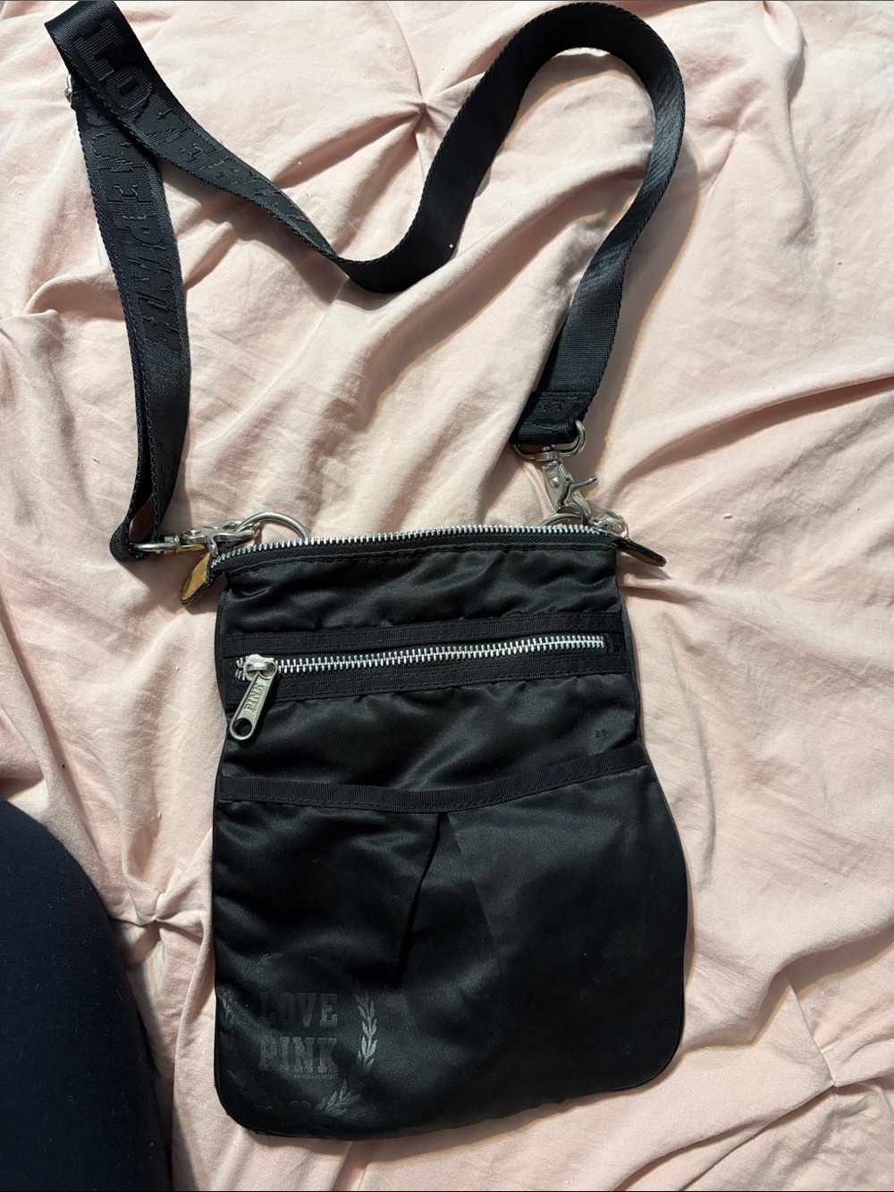 PINK Victoria's Secret Black Nylon Crossbody with Logo Strap